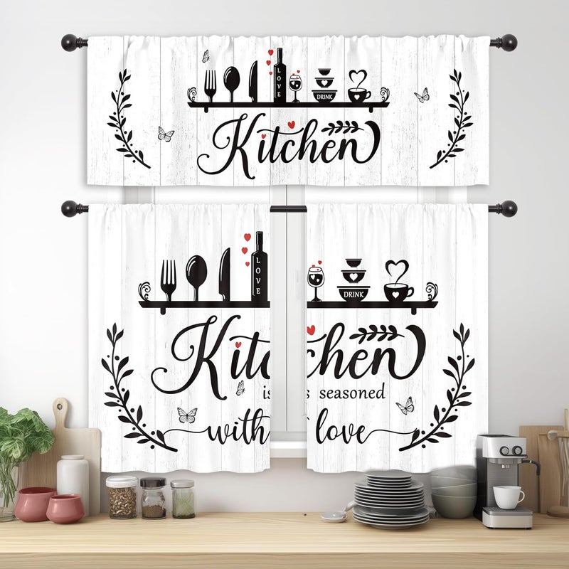 Riyidecor Black White Rustic Kitchen Curtains and Valances 3 Piece Set Rod Pocket 36 Inch Short Fork Spoon Wine Herbs Farmhouse Country Wooden Board Butterfly Bedroom Living Room Treatment Fabric - Image 1